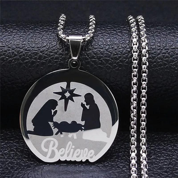 Easter Nativity Wooden Manger Creche Star Moon Stainless Steel Bells Prayer Necklace