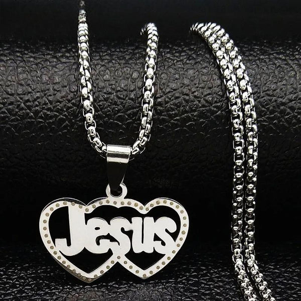 Double Heart JESUS Stainless Steel Necklace for Women Jewelry Silver Color Religion Necklaces