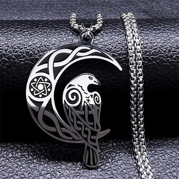 Wicca Crescent Moon Knot Raven Stainless Steel Chain Necklace for Women Men