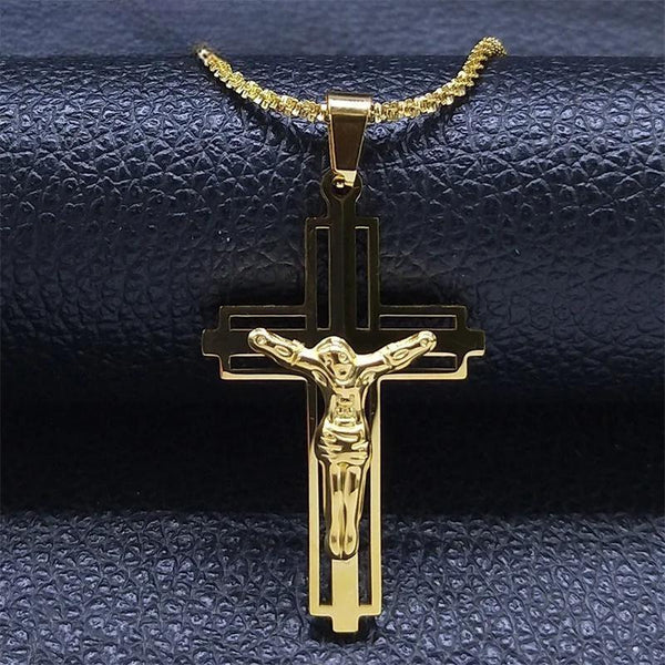 Jesus Cross Choker Necklace for Women/Men Gold Color Stainless Steel Catholicism Chain Necklaces