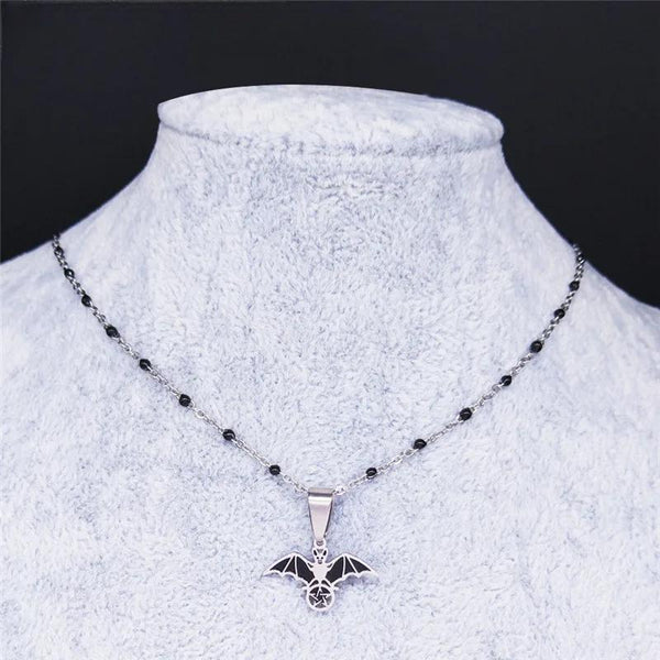 Witchcraft Pentagram Bat Enamel Stainless Steel Statement Necklace