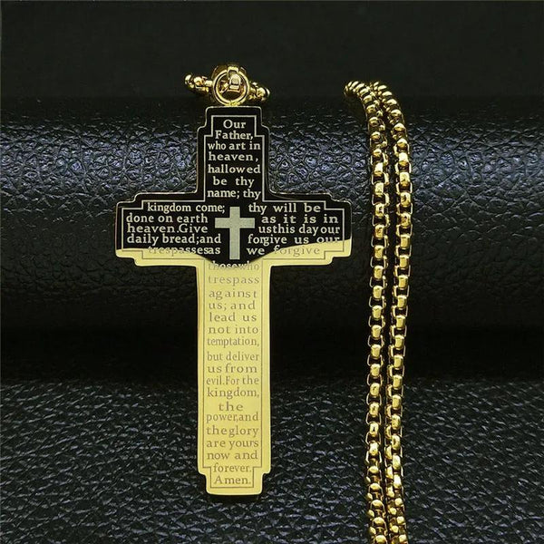 Christian Cross Holy Bible Necklace for Woman Stainless Steel Gold Color Our Father Men Chain