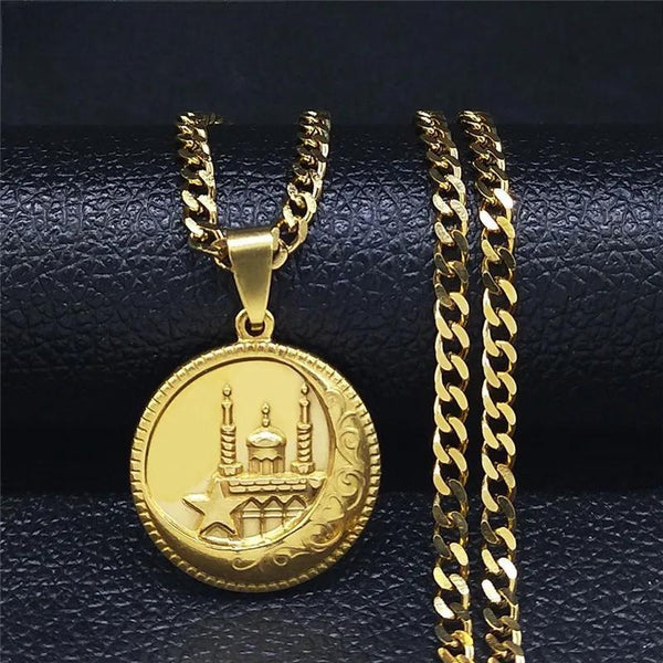 Fashion Muslim Islam Moon Allah Palace Gold Color Stainless Steel Necklace Pendant Women/Men