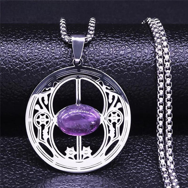 Witchcraft Hexagon Flower Natural Purple Crystal Stainless Steel Chain Necklaces Women/Men