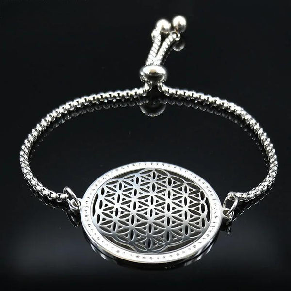 Fashion Flower of Life Crystal Stainless Steel Bracelet Women Silver Color Bracelets