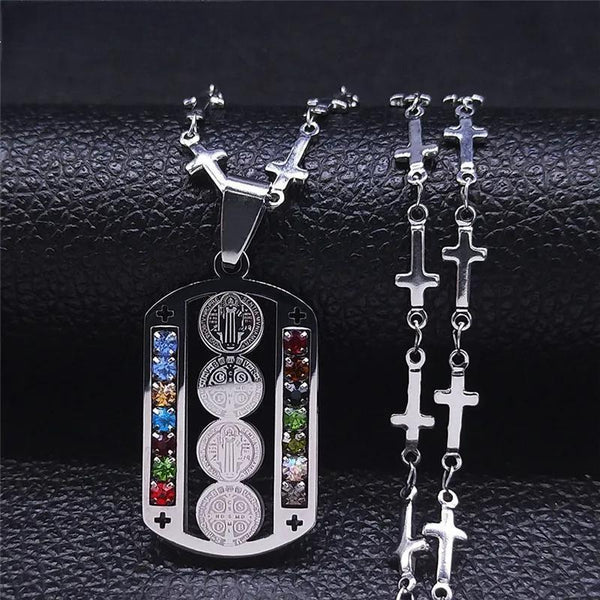 Stainless Steel Crystal Catholicism Saint Benedict Jesus Necklaces