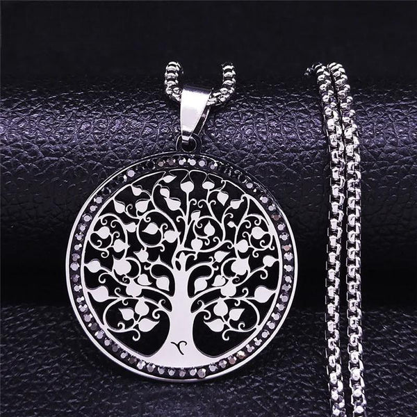 Tree of Life Stainless Steel Necklaces for Men/Wmen Blacke Crystal Pendant Necklace