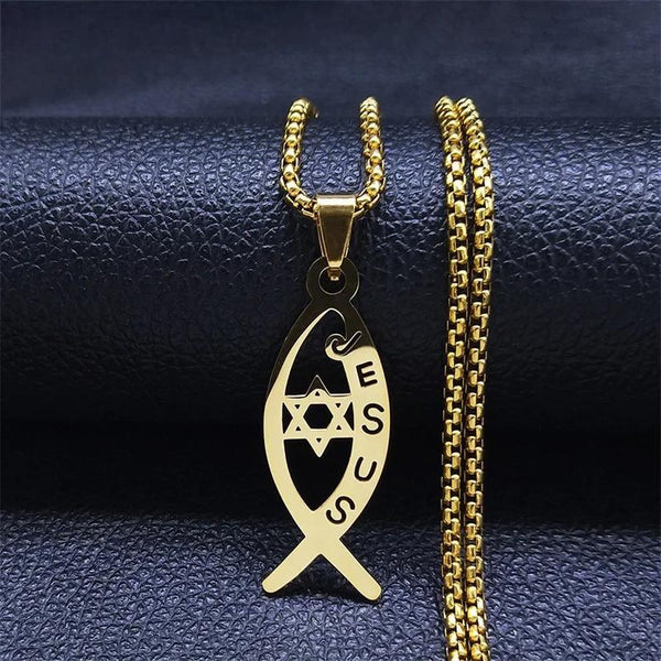 Gold Color Letter Necklace Stainless Steel Fish Jesus Hexagram Religion Chain Necklaces