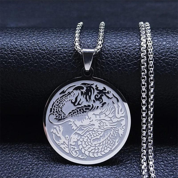 Dragon Stainless Steel Chain Necklaces Women/Men Silver Color Round Pendant Necklace