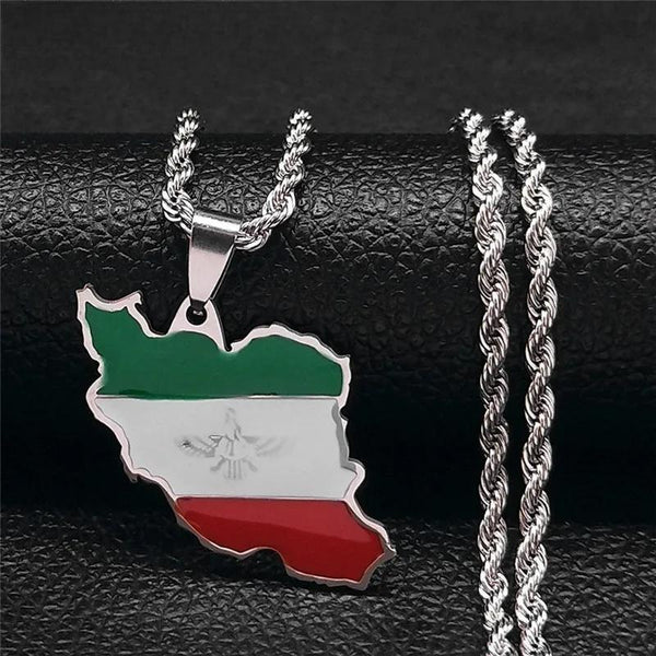 Map Stainless Steel Iranian Flag Necklace Silver Color Cuture Persian Empire Pendant Necklace