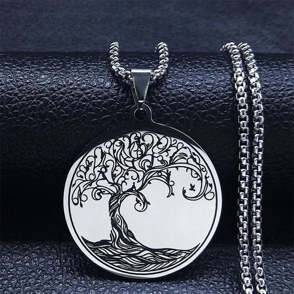 tainless Steel Silver Color  Yoga Tree of Life Pendant Necklace S