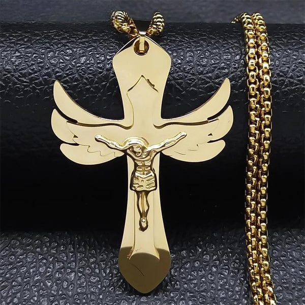 Stainless Steel Gold Color Religious Angel Wing Pendant Necklace