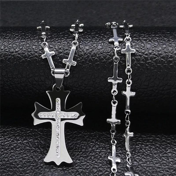 Stainless Steel Crystal Small Cross Chain Necklaces Women/Men