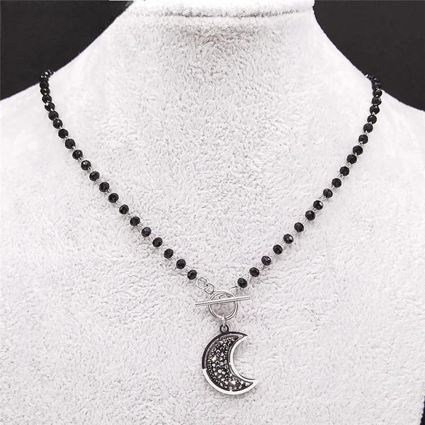 Moon Black Crystal Stainless Steel Chain Necklace for Women