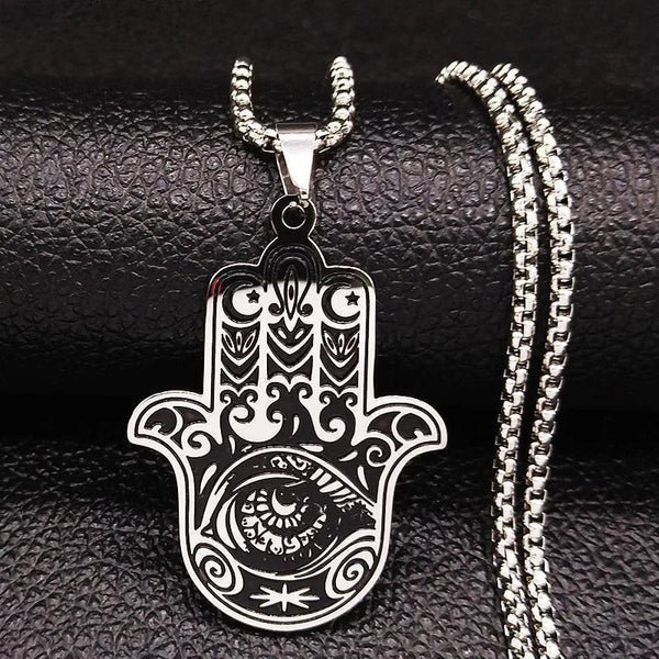 Fashion Silver Color  Hamsa Hand Eye Stainless Steel Chain Necklace for Women