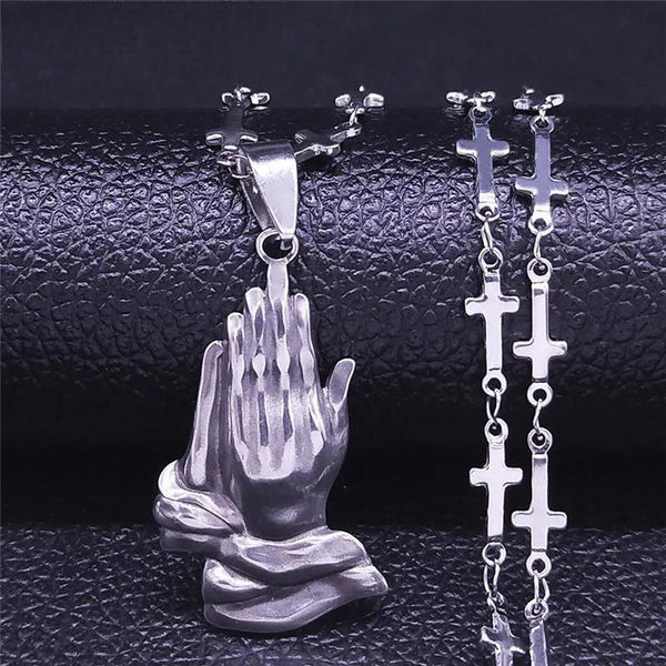 Christian Prayer Hand Stainless Steel Necklaces Jesus Cross Chain Necklace