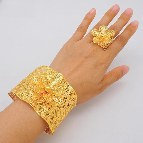 Luxury Indian Bangles With Ring Dubai Gold Color Adjustable Bangles For Women