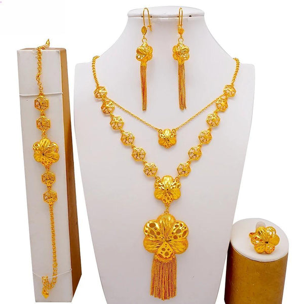 African Chain Gold Color Long Chain Necklace Earrings Jewelry Set