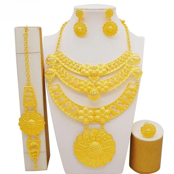 Big Gold Color Flower Shape Necklace Sets Dubai Brazilian Jewelry Sets For Women