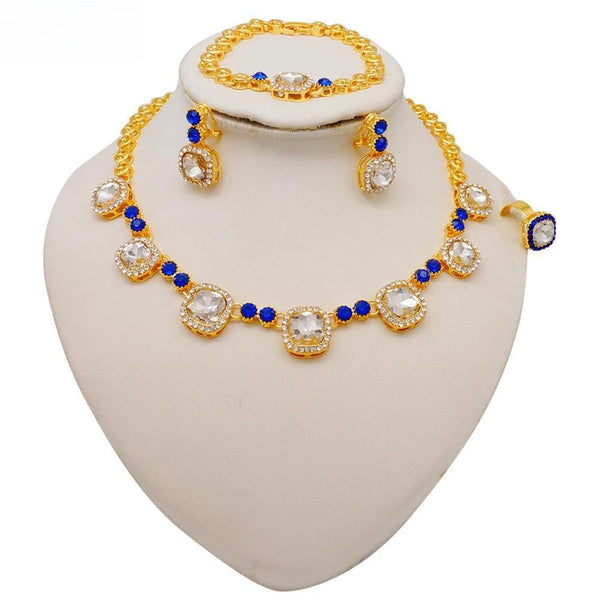 Dubai  Blue Square Crystal  Nigerian Wedding Bridal African Gold Color Necklace Set