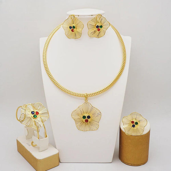 Dubai African Gold Color Jewelry Set Flower Pendant Necklace Bracelet Ring Sets