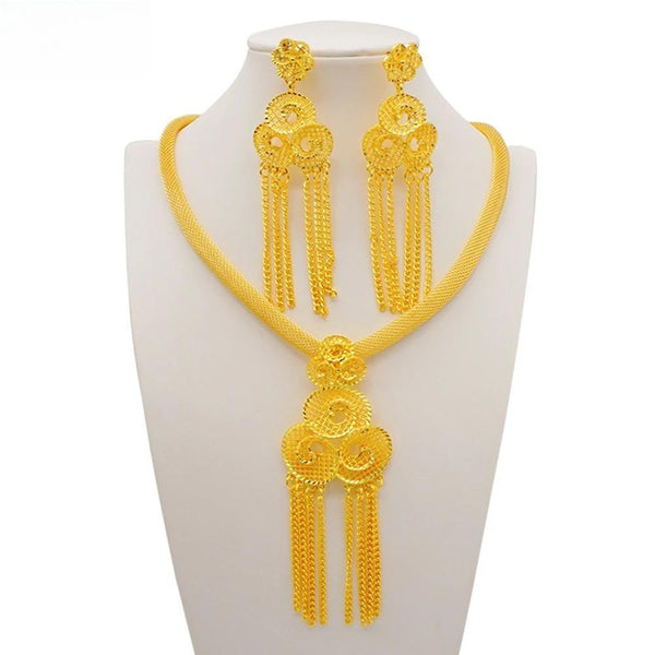 Dubai African Tassel Gold Color Long Chain Spiral Geometric Necklace&Earring Sets