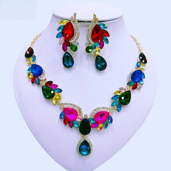 Dubai Bridal  Rhinestone Necklace Set Water Drop Colorful Crystal Wedding For Women