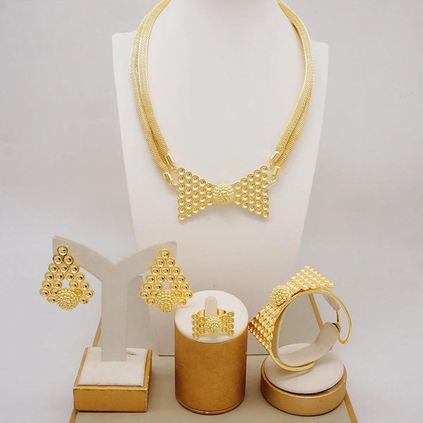 Dubai Chunky Necklace Earrings Bow Pendant For Women Jewelry Set