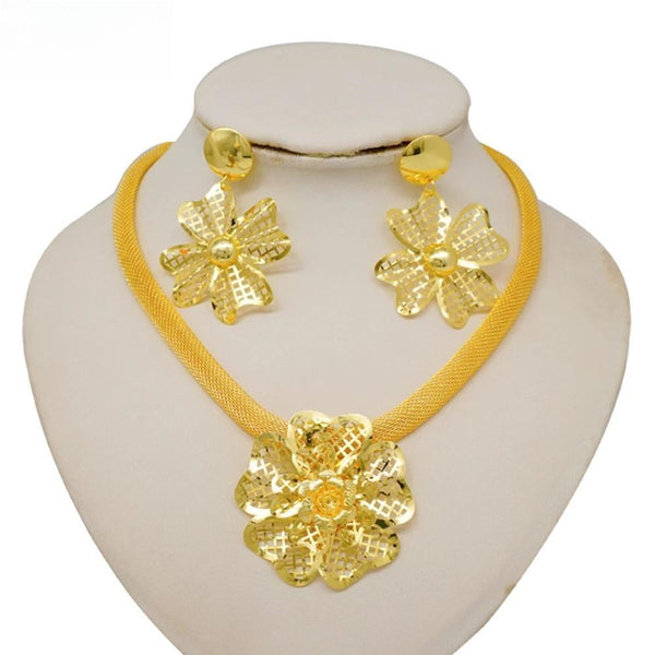 Dubai Gold Color Big Flower Pendant Necklace & Earring  Set