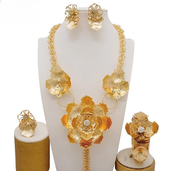 Dubai Gold Color Big Jewelry Sets African Indian Flower Necklace Bracelet Earrings Ring Sets