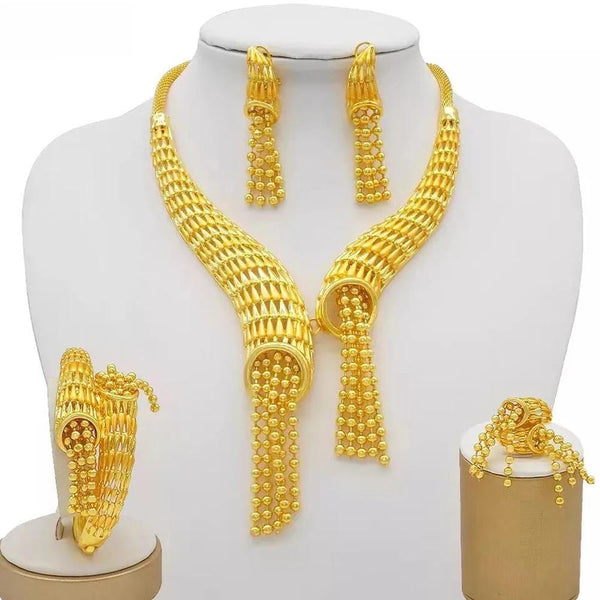 Fine Dubai Gold Color  Bridal Luxury Necklace Earrings Bracelet Ring Set