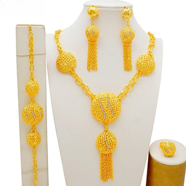 Luxury Round Pendant Long Necklace Dubai Gold Color Jewelry Set For Women