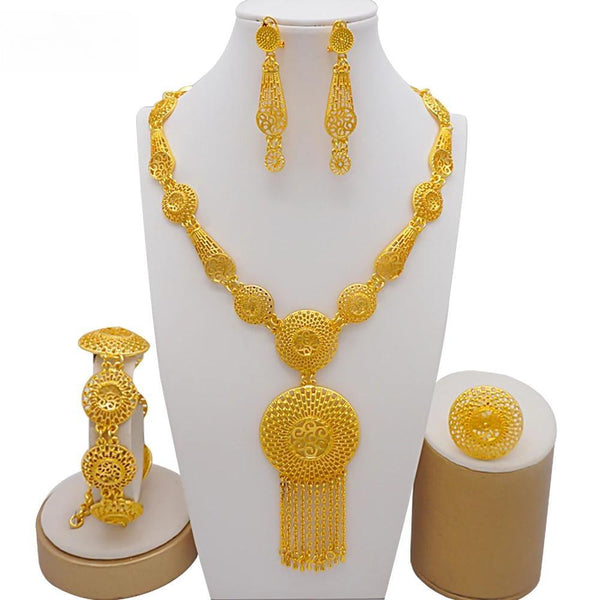 Ethiopian Gold Color Arabia Long Chain Tassel Round Necklace Bracelet Earring Ring Sets