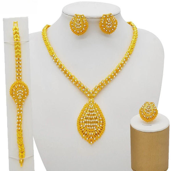 African  Crystal Necklace Bracelet Dubai Gold Color Jewelry Set for Women