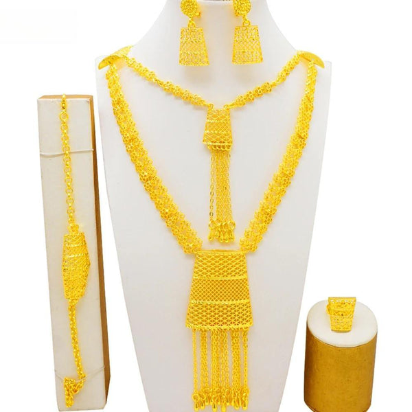 Luxury Gold Color  Square Pendant Nigerian Bridal Long Tassel Necklace Earrings Sets