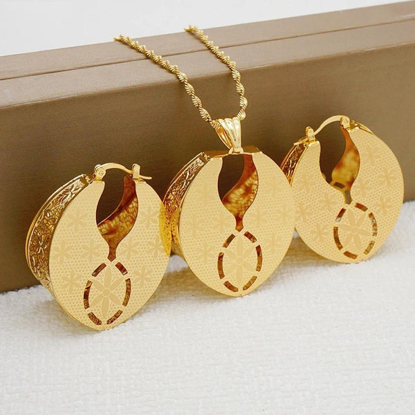 Fashion Gold Color Necklace Hollow Pendant Copper Earrings Sets For Women