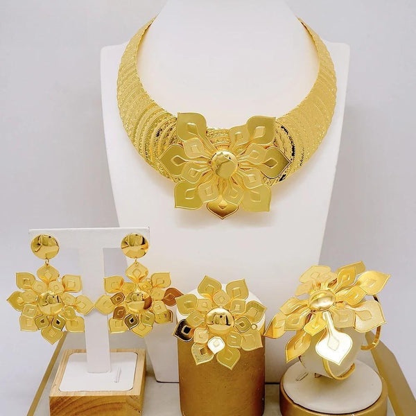 Vintage Flower Charms Gold Color Plated Necklace Earrings Ring Bracelet Sets