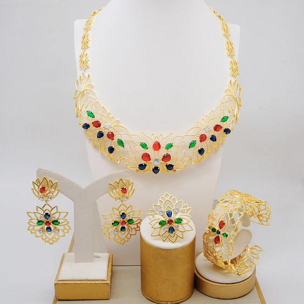 Luxury Dubai Gold Color  African Crystal legance Charm Necklace Earrings Sets