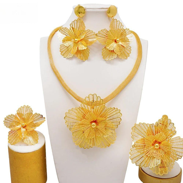 Luxury Dubai Gold Color  Big Flower Pendant Necklace Bracelets Earrings Jewelry Sets