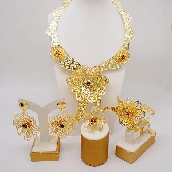 Fashion Necklaces Bracelets Earring Ring  Irregular Flower African Jewelry Sets