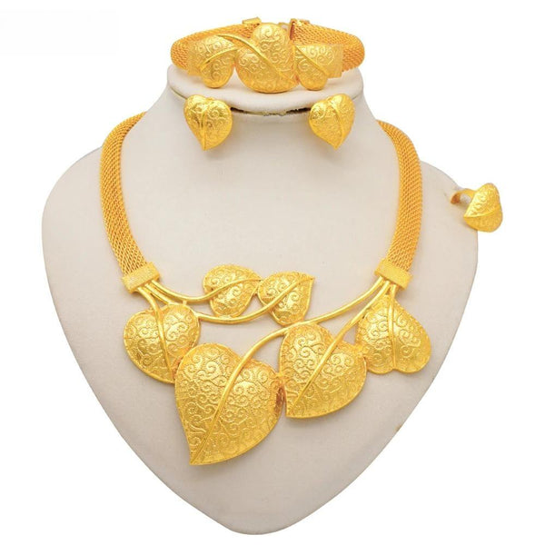 Dubai Gold Color Jewelry Set Love Heart Shape Necklace Bangle Ring Earrings Set