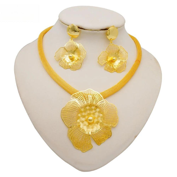 Fashion Dubai Flower Necklace Earrings Jewelry Sets