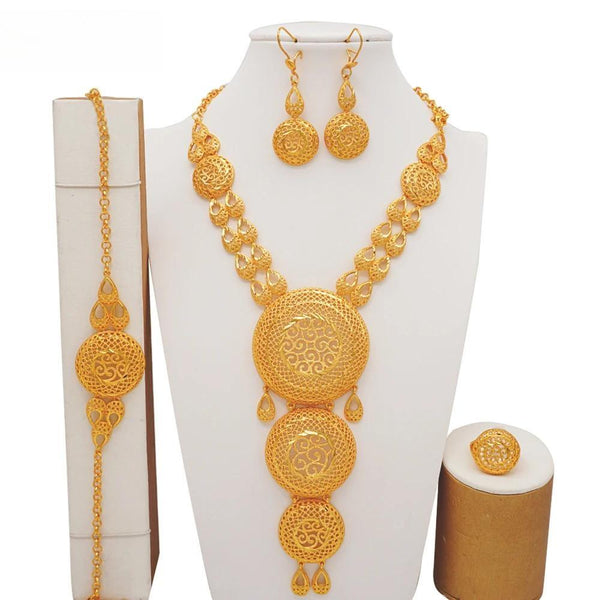 Fashion Luxury Neacklace Chain  Dubai Gold Color Bracelet Earrings Ring  Sets