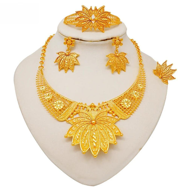 Fashion Indian Gold Color  African Nigerian Necklace Bracelet Earring Jewelry Set