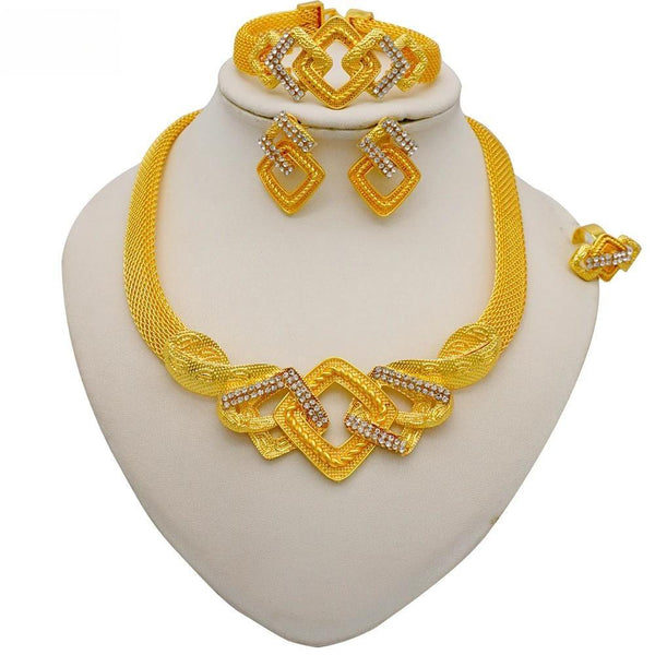 Fashion Geometric  Dubai Crystal Gold Color Necklace Bracelet Earrings Ring Sets