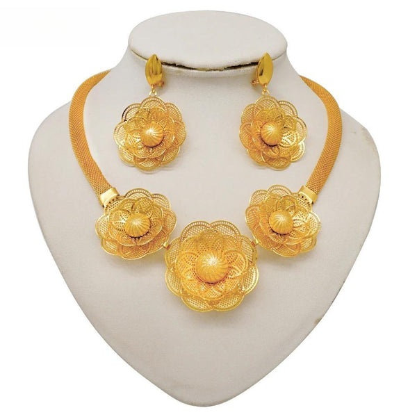 Nigeria Gold Color Fine Flowers Bracelet Necklace Earrings Ring Sets