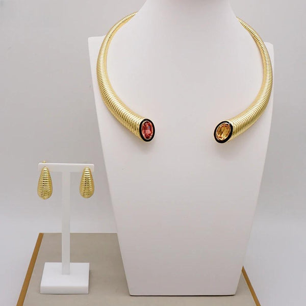 Fine Crystal Necklace Earrings Jewelry Sets Gold Color Collars