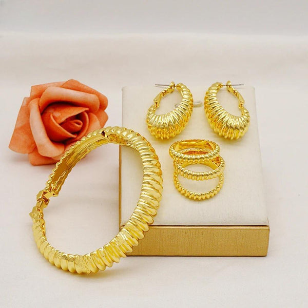 Special Design Luxury Shiny Gold Color Bracelet Earrings Ring For women Jewellery Set