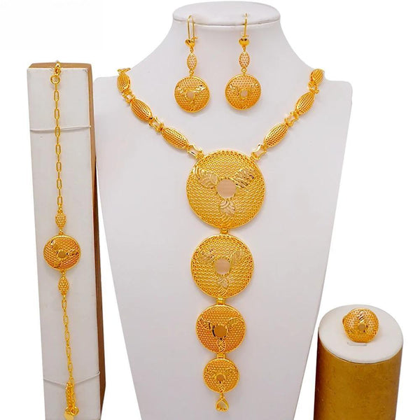 Fashion Dubai Gold Color Big Round Pendant Long Necklace Earrings Bracelet Rings Sets