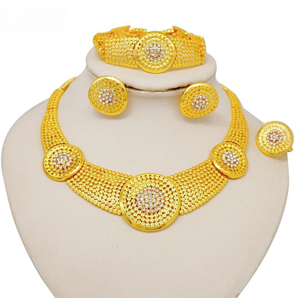 Luxury Big Round  Gold Color JNecklace Necklace Bracelet Earring Ring Set For Women